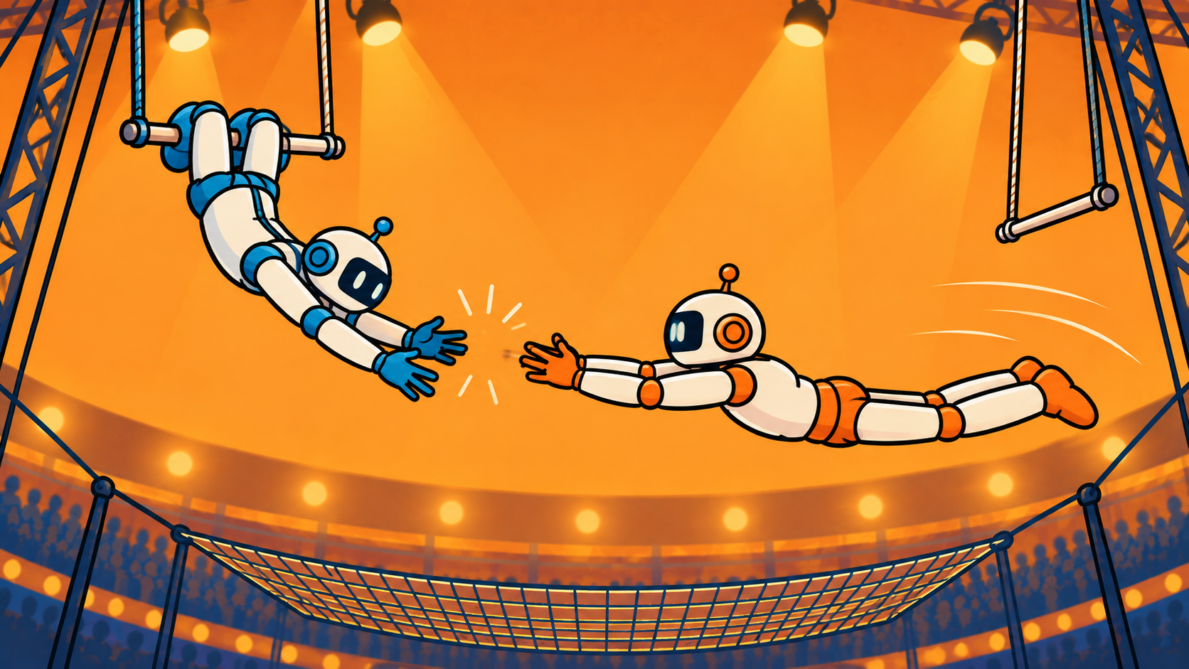 Two robot trapeze artists mid-swing, one reaching to catch the other, with a safety net below.
